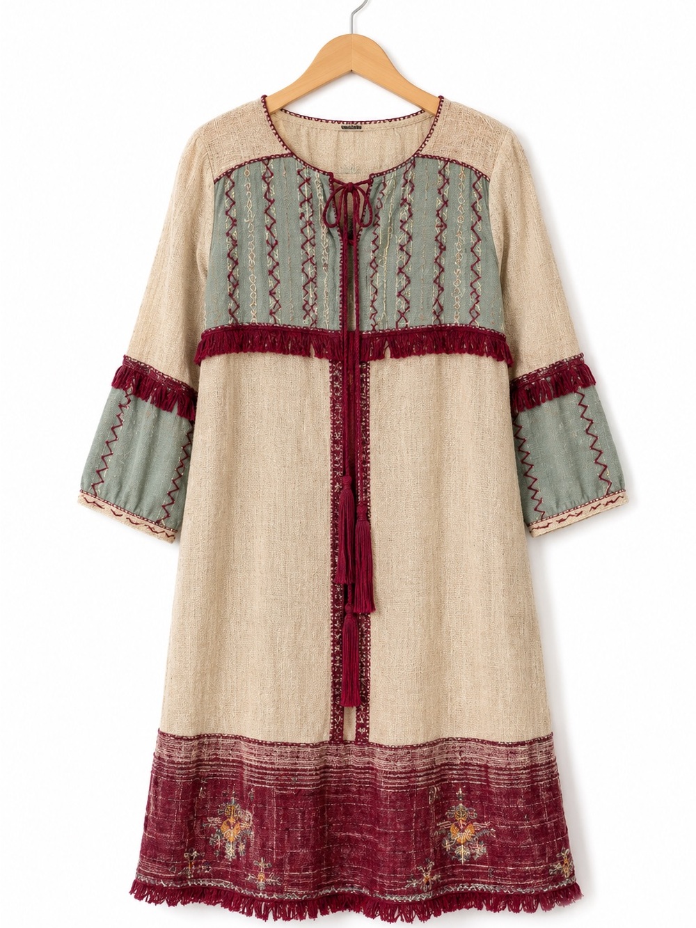 Boho Patchwork Embroidered Tunic Dress Cottagecore Folk Art